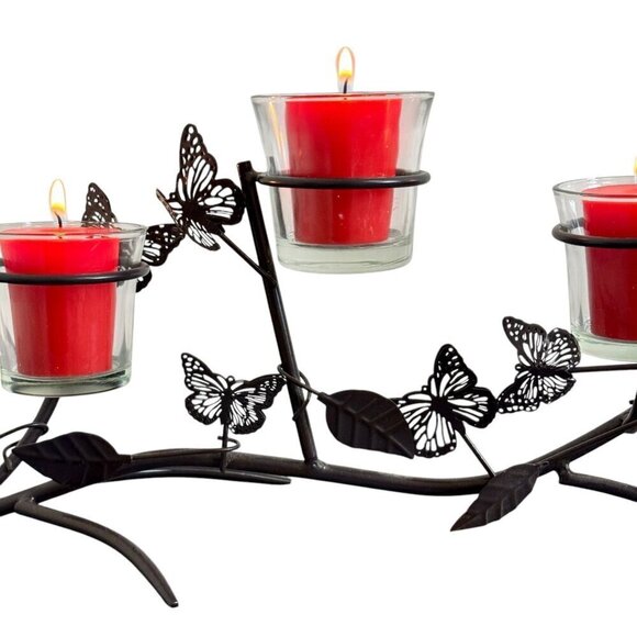 Vintage Rustic Style Butterfly and Leaf 3-Arm Metal Candle Holder 15" Length - Picture 5 of 7